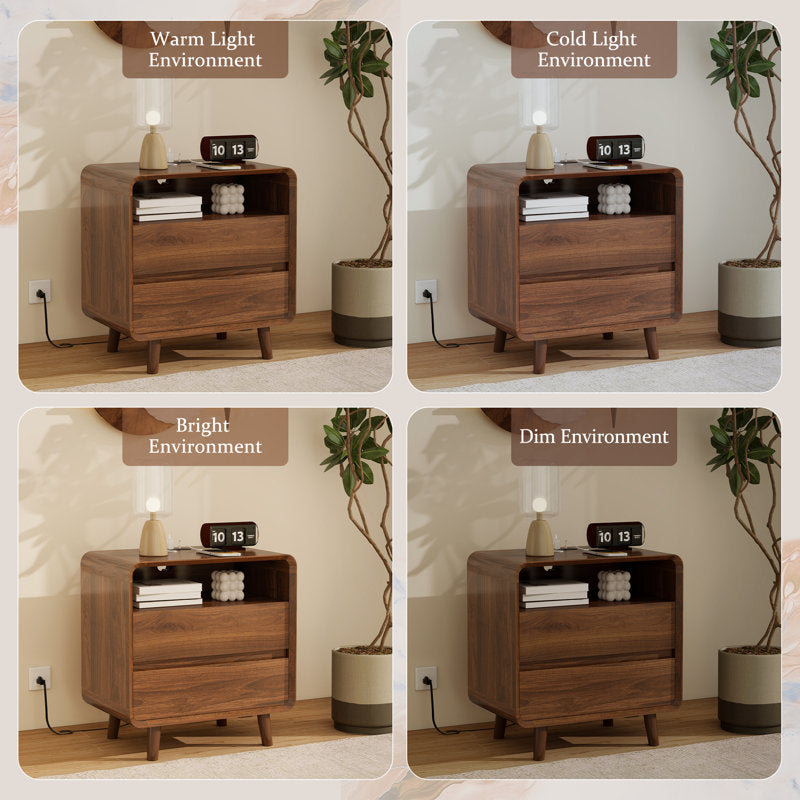 Angela - Walnut Mid-Century Nightstand with 2 Drawers & Shelf