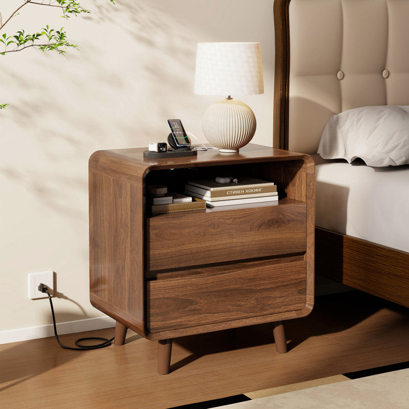 Angela - Walnut Mid-Century Nightstand with 2 Drawers & Shelf