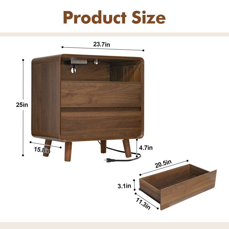 Angela - Walnut Mid-Century Nightstand with 2 Drawers & Shelf