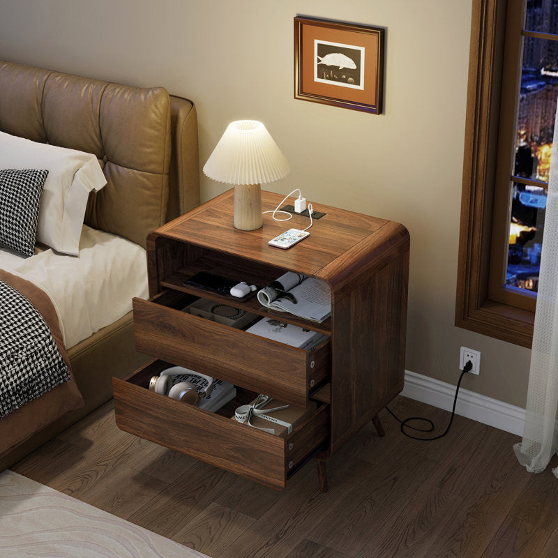 Angela - Walnut Mid-Century Nightstand with 2 Drawers & Shelf