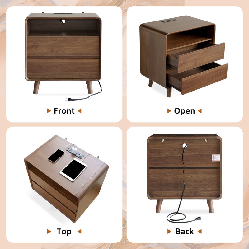 Angela - Walnut Mid-Century Nightstand with 2 Drawers & Shelf