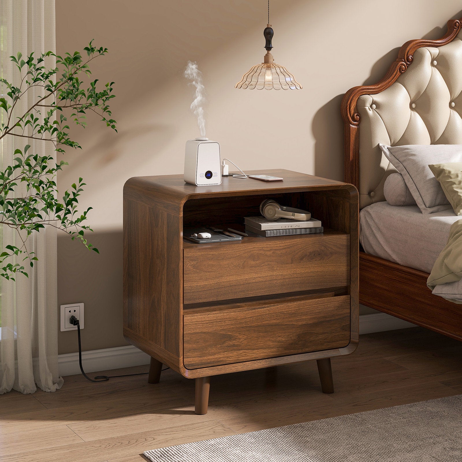 Angela - Walnut Mid-Century Nightstand with 2 Drawers & Shelf