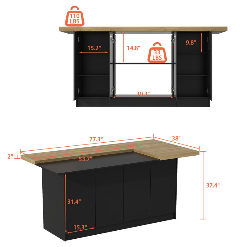 Arvene - 77" Modern Wood Kitchen Island with Storage & Meal Prep