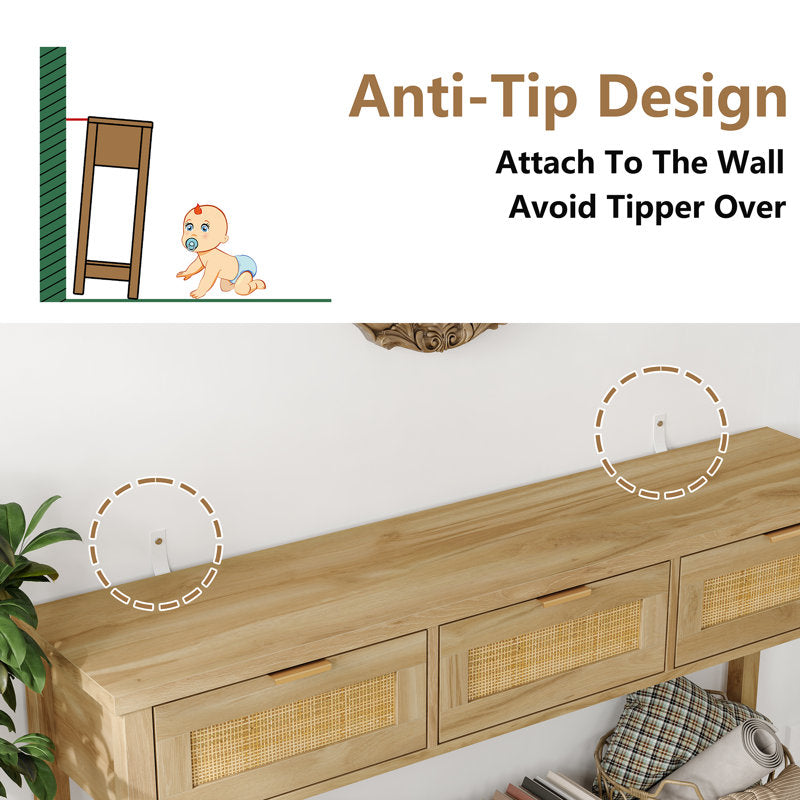Ayjah - 51.2" Rattan Console Table with Charging Station & Drawers