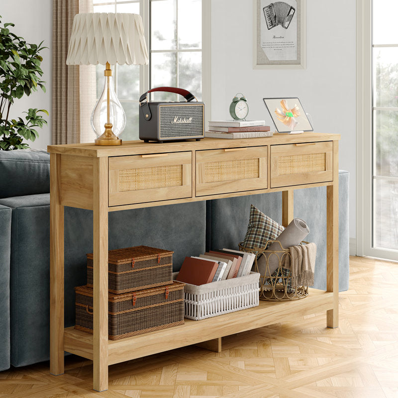 Ayjah - 51.2" Rattan Console Table with Charging Station & Drawers