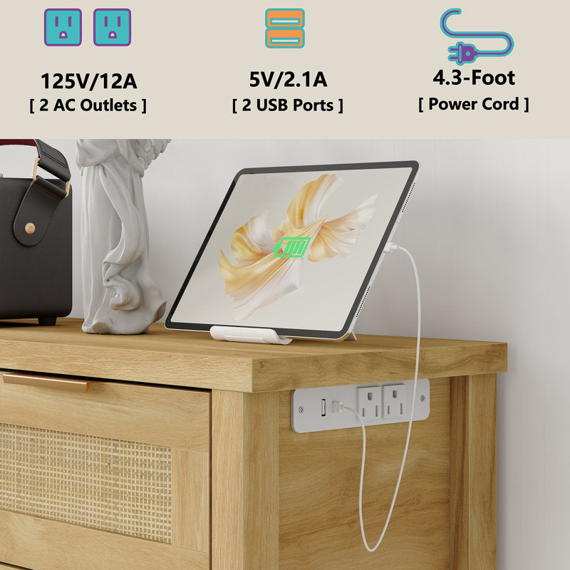 Ayjah - 51.2" Rattan Console Table with Charging Station & Drawers