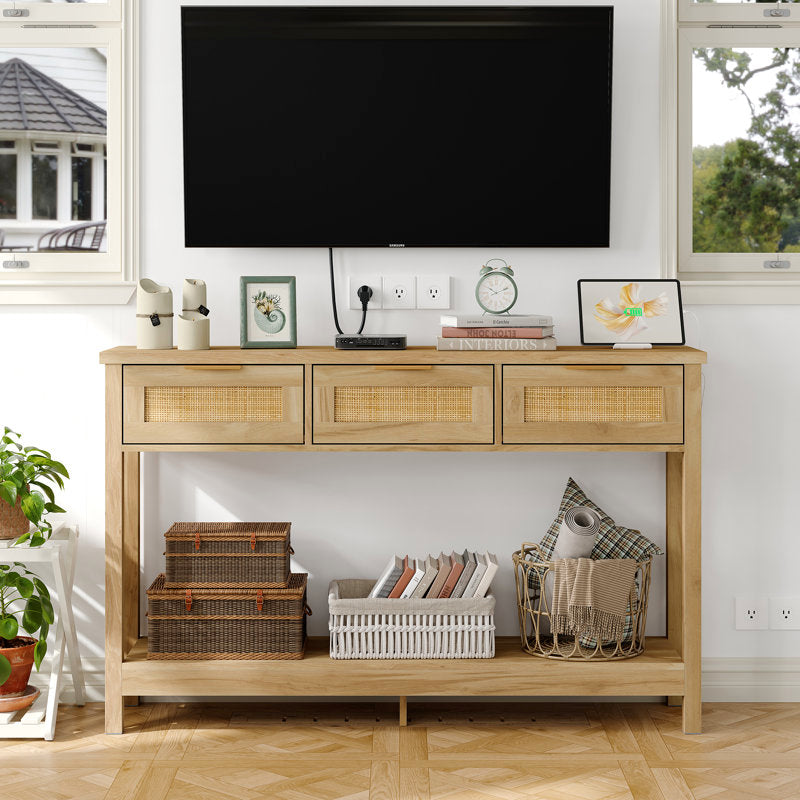 Ayjah - 51.2" Rattan Console Table with Charging Station & Drawers