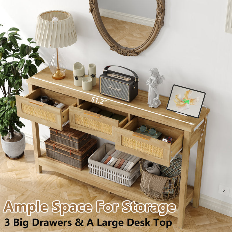 Ayjah - 51.2" Rattan Console Table with Charging Station & Drawers