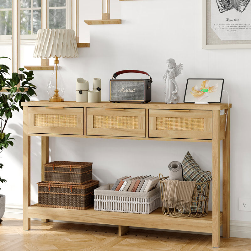 Ayjah - 51.2" Rattan Console Table with Charging Station & Drawers