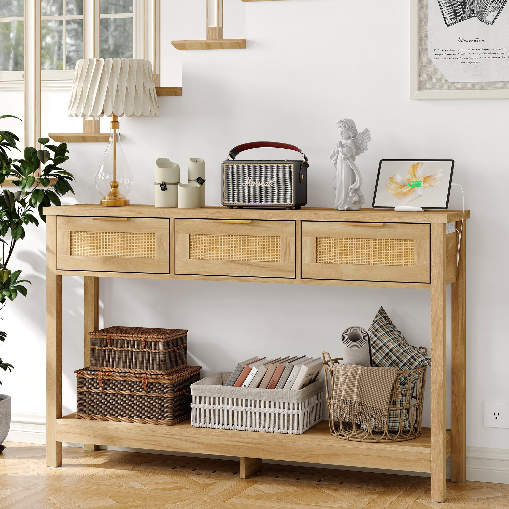 Ayjah - 51.2" Rattan Console Table with Charging Station & Drawers
