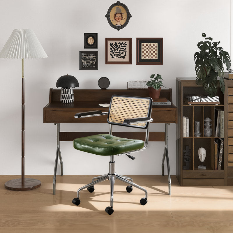 Ayris - Mid-Century Rattan & Faux Leather Swivel Office Task Chair