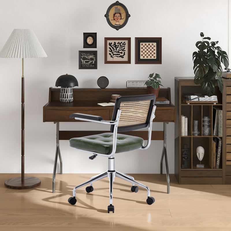 Ayris - Mid-Century Rattan & Faux Leather Swivel Office Task Chair
