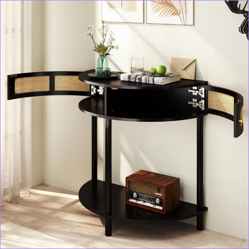 Luna - Semi-Circle Rattan Coffee Table Boho Wood Small Space Storage