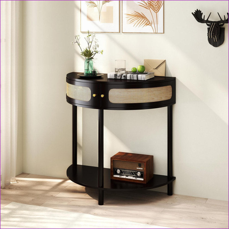 Luna - Semi-Circle Rattan Coffee Table Boho Wood Small Space Storage