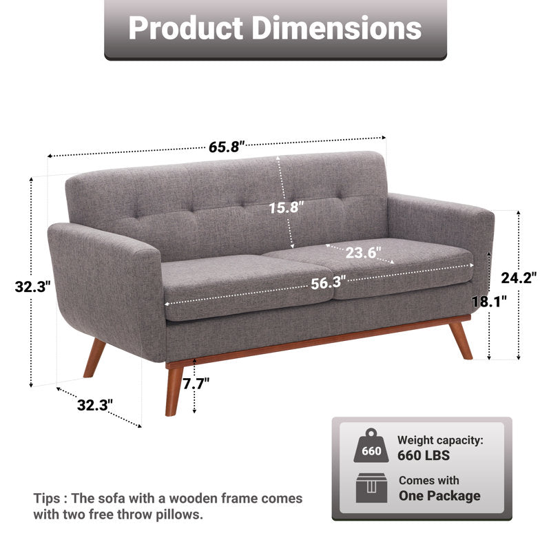 Carmencita - 65" Linen Loveseat Square Arm Sofa for Small Spaces