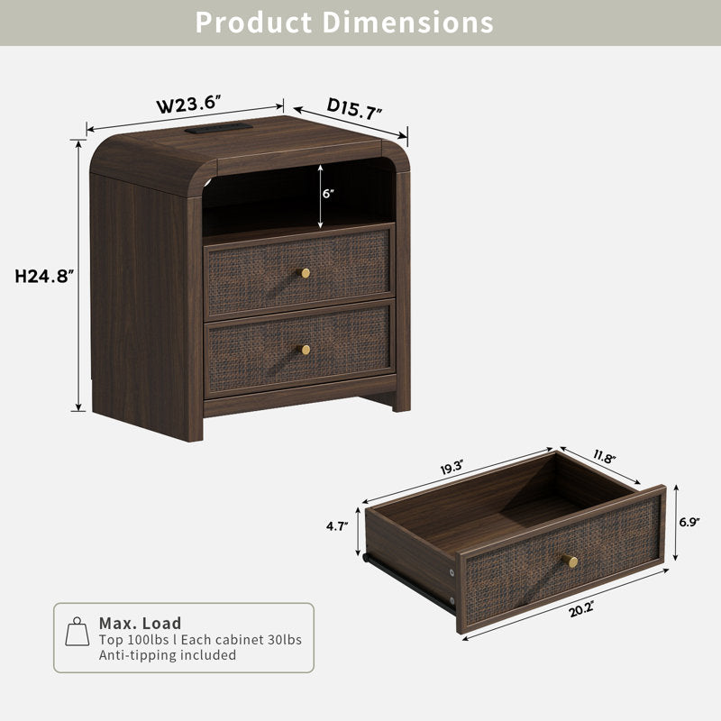 Cevat - Rattan Nightstand Boho End Table with Charging Station