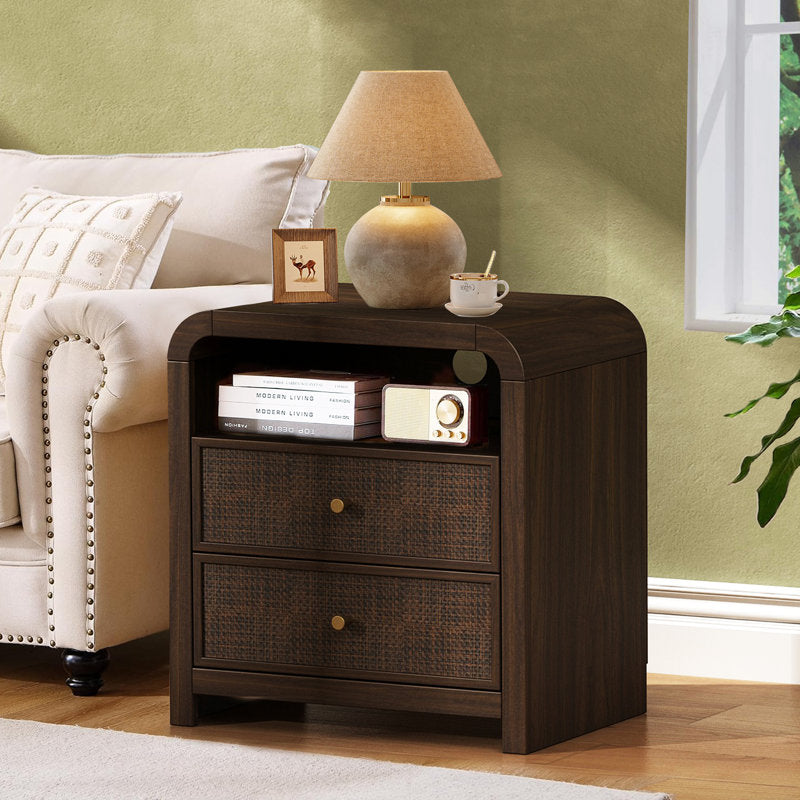 Cevat - Rattan Nightstand Boho End Table with Charging Station