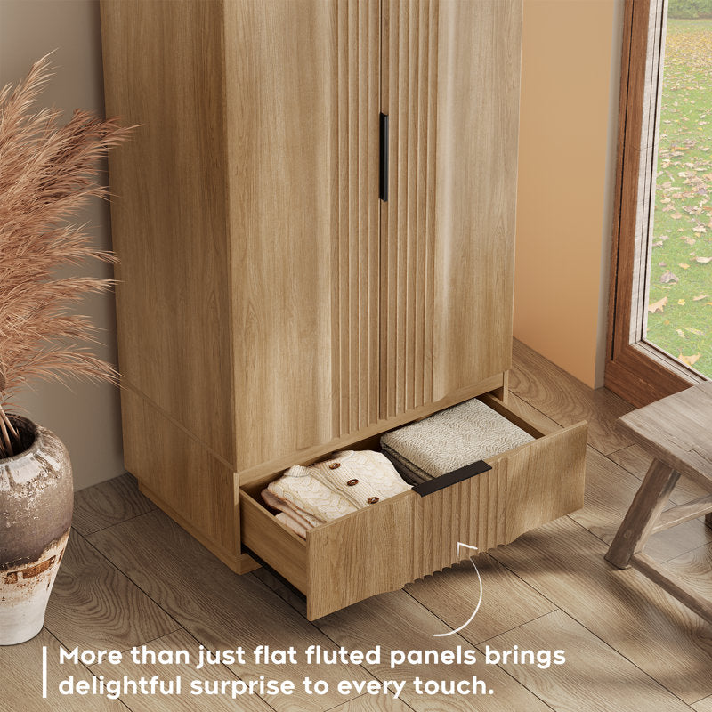 Elara Fluted Armoire - Modern Wood Wardrobe for Bedroom Storage