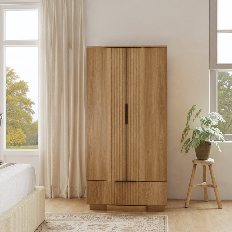 Elara Fluted Armoire - Modern Wood Wardrobe for Bedroom Storage