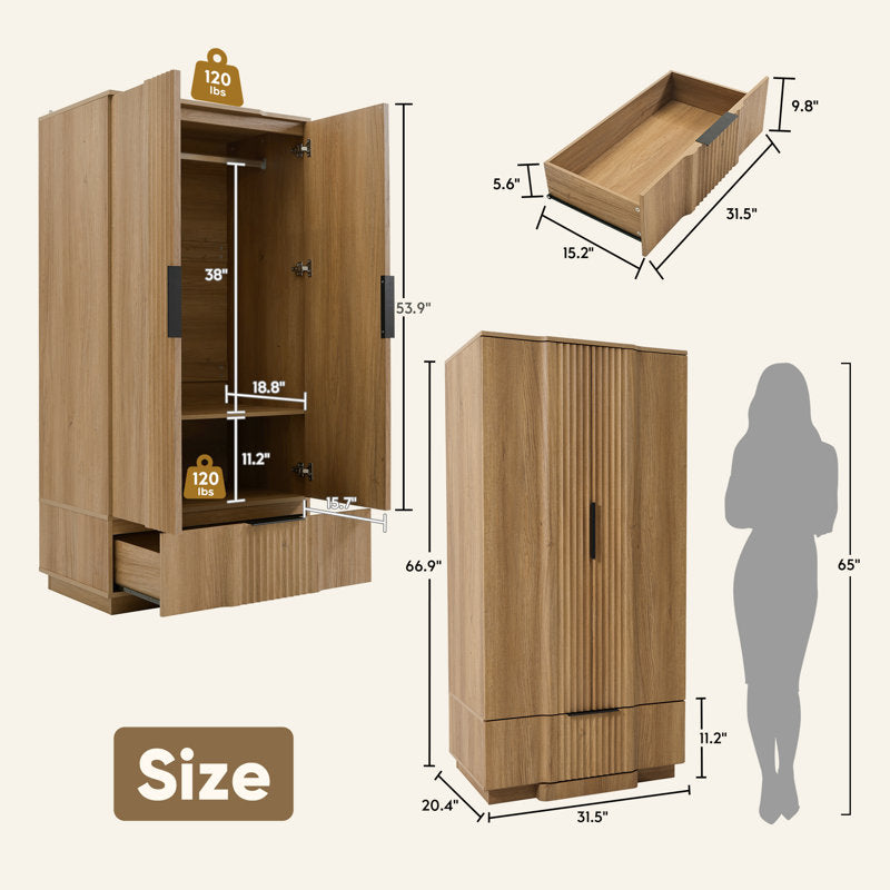 Elara Fluted Armoire - Modern Wood Wardrobe for Bedroom Storage