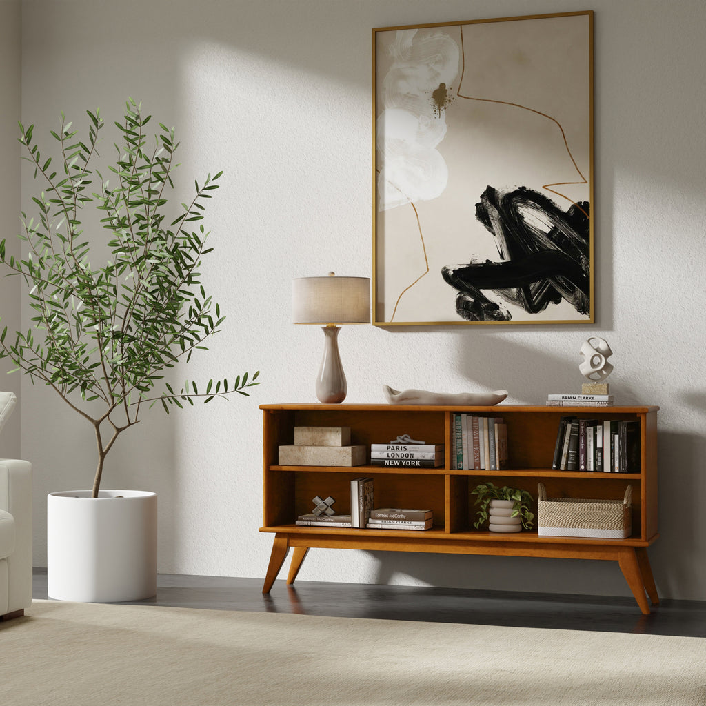 Draper - Solid Wood Low Bookshelf Mid-Century Modern Media Console