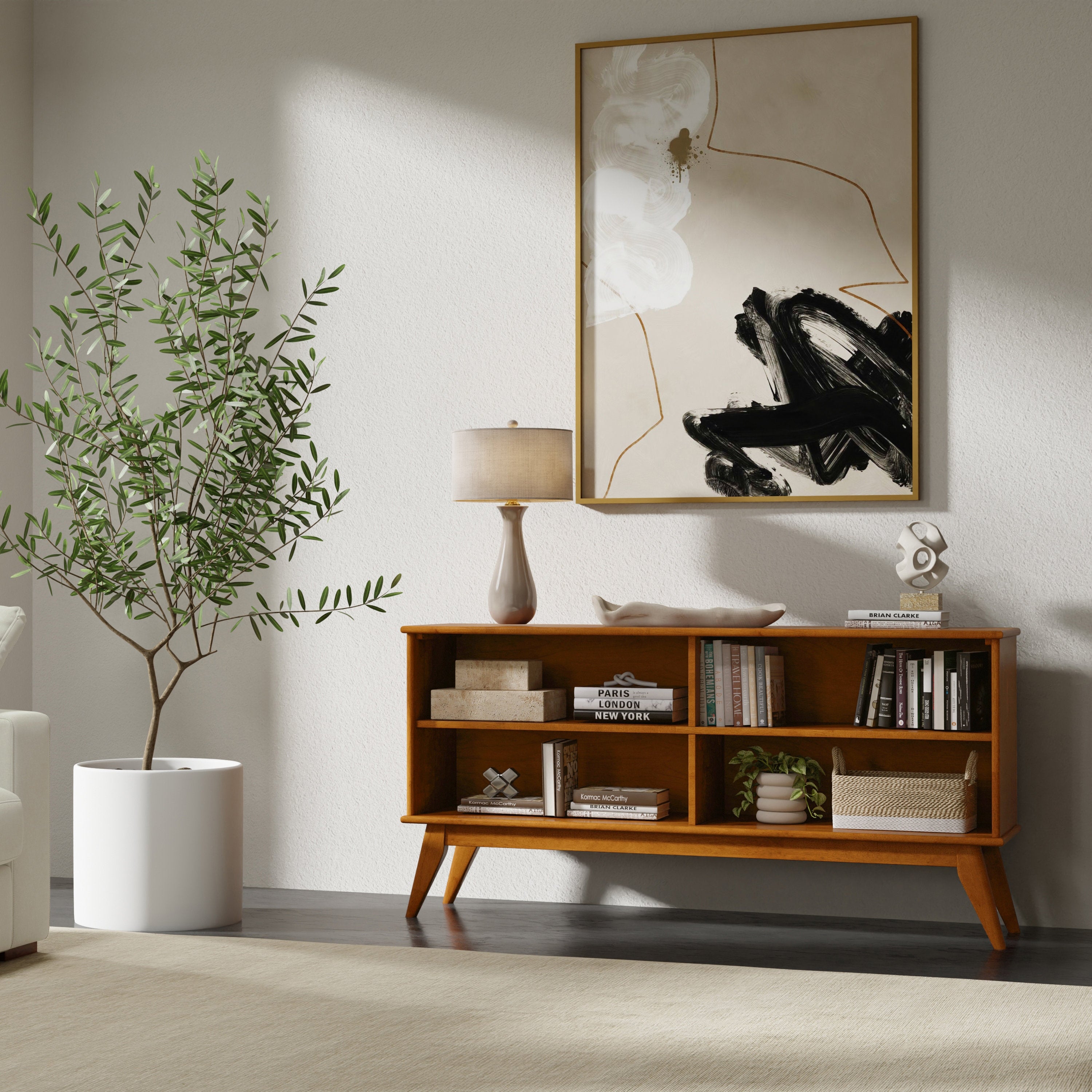 Draper - Solid Wood Low Bookshelf Mid-Century Modern Media Console