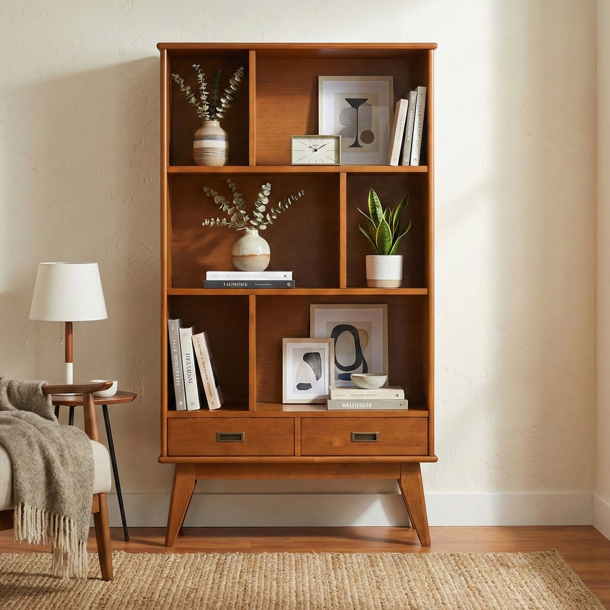Draper - Solid Wood Mid-Century Modern Wide Bookshelf for Home Office