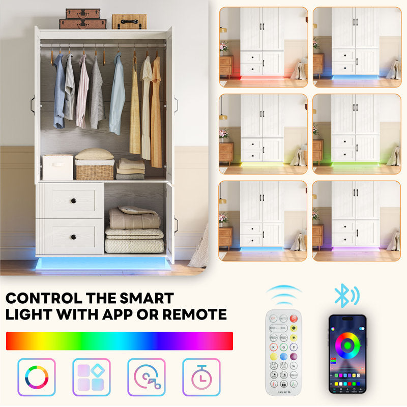 Elara Farmhouse Wardrobe - 70" LED Armoire Closet for Bedroom