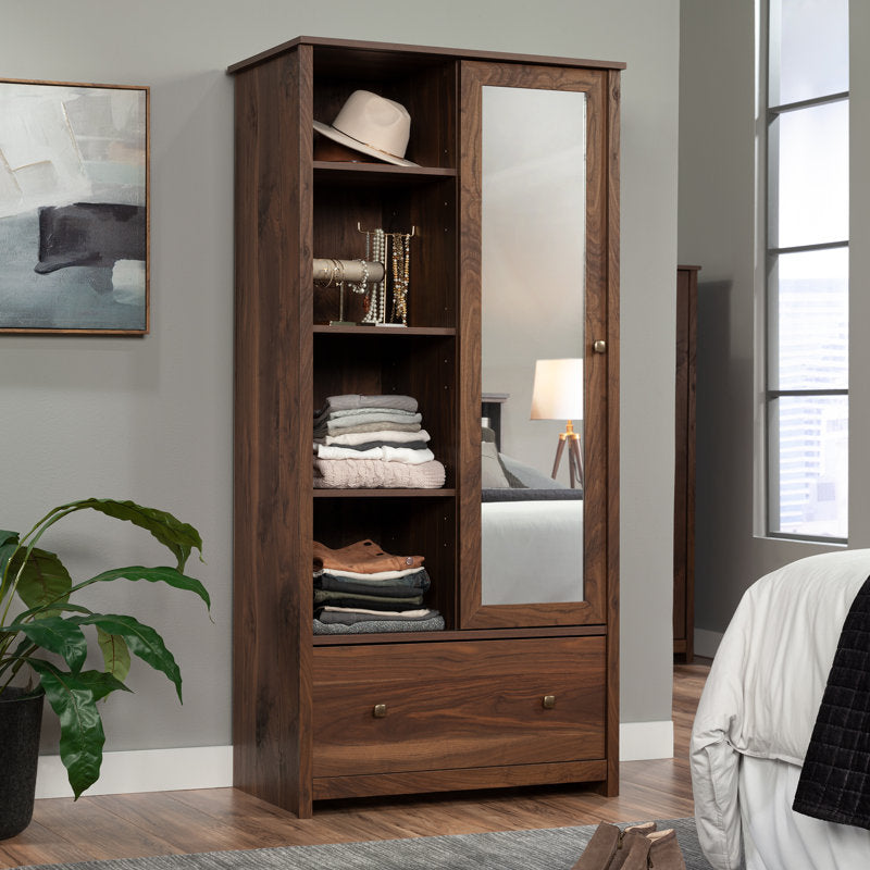 Fravel Wardrobe Armoire - Grand Walnut Wood Storage Cabinet with Mirror