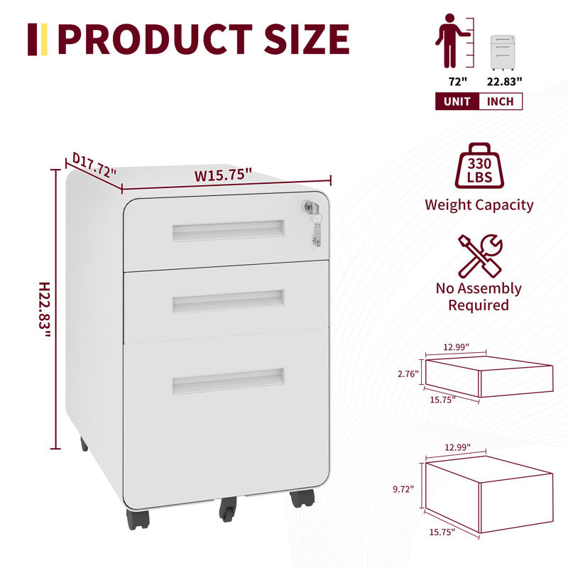 Titan - 3-Drawer Mobile Metal Filing Cabinet with Lock for Office