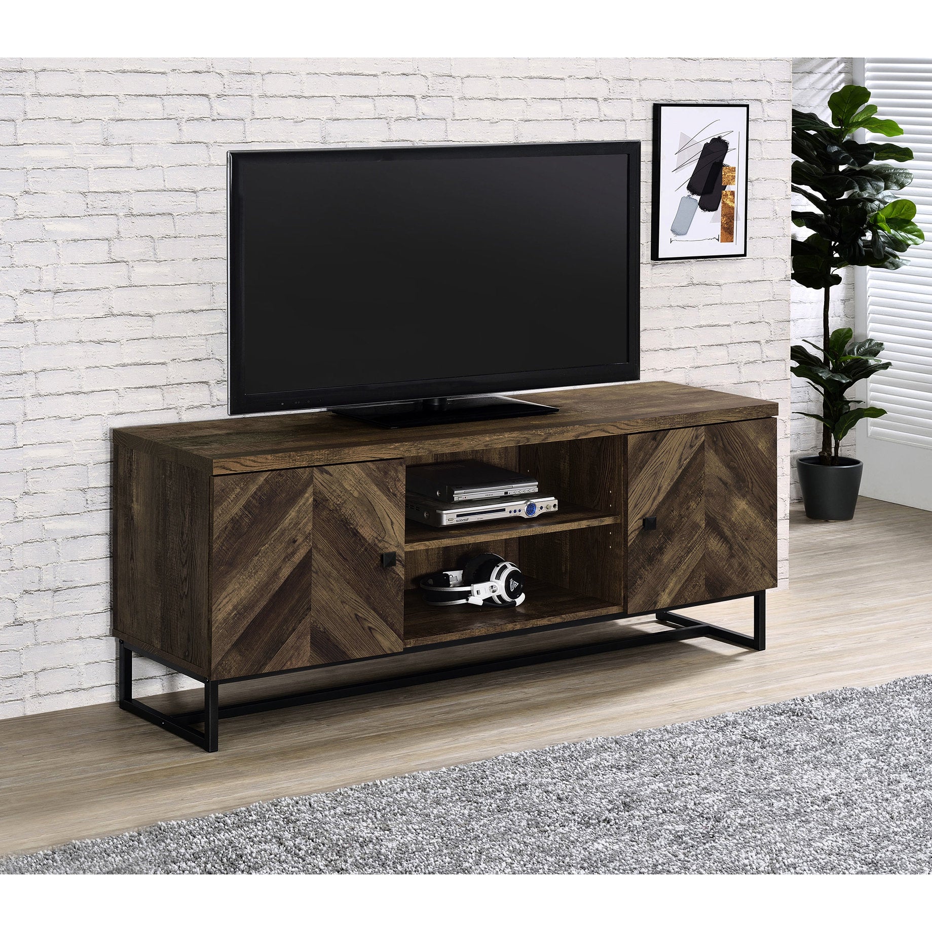 Arden Herringbone TV Console - Rustic Oak & Gunmetal Entertainment Stand