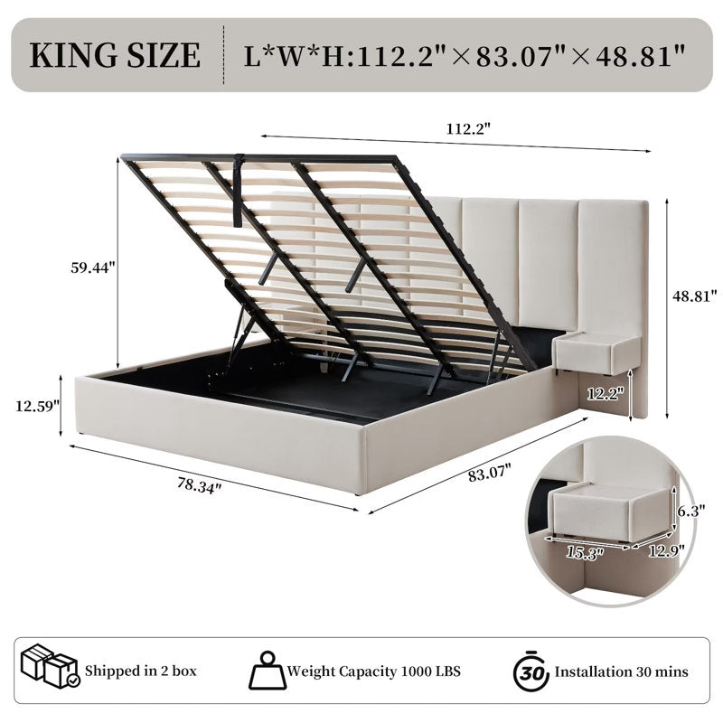 Iokaste - Velvet Gas Lift Storage Bed Frame with Nightstands