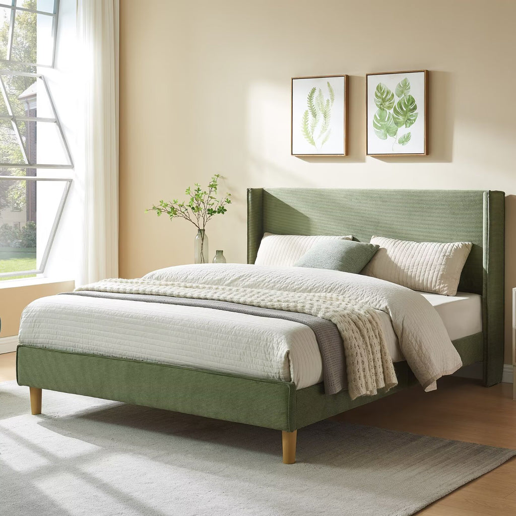Janine - Queen Corduroy Wingback Bed Upholstered Platform Frame