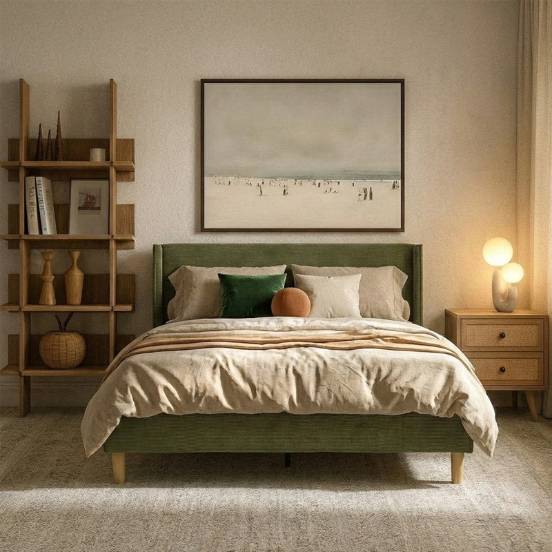 Janine - Queen Corduroy Wingback Bed Upholstered Platform Frame