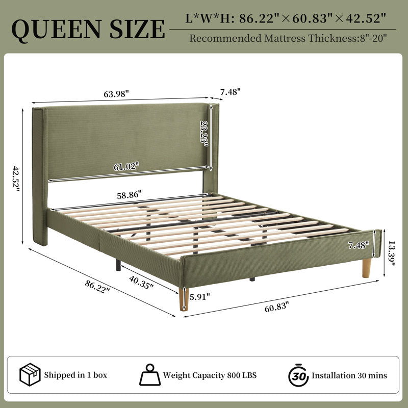Janine - Queen Corduroy Wingback Bed Upholstered Platform Frame