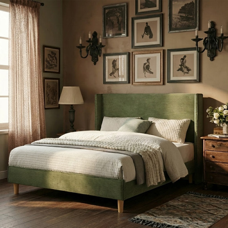 Janine - Queen Corduroy Wingback Bed Upholstered Platform Frame