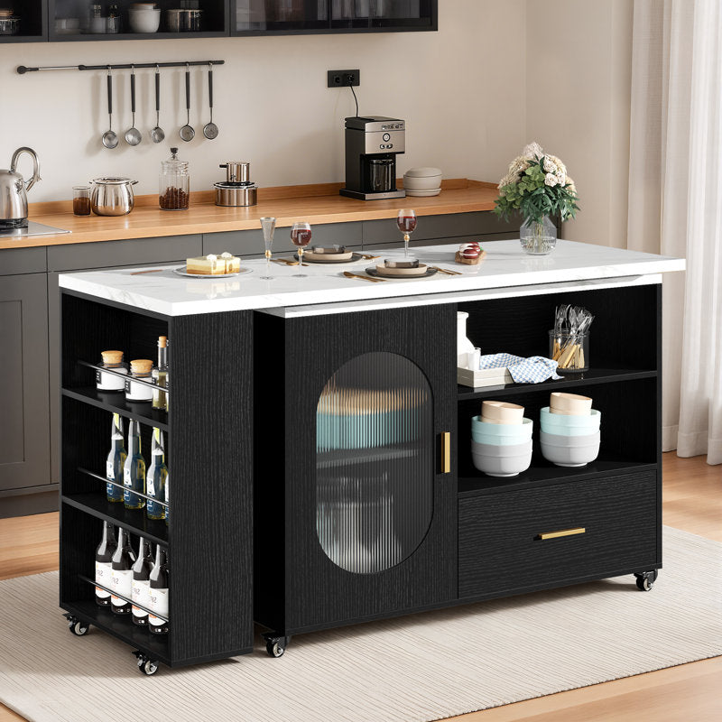 Verano Mobile Kitchen Island - Faux Marble & Black Oak Storage