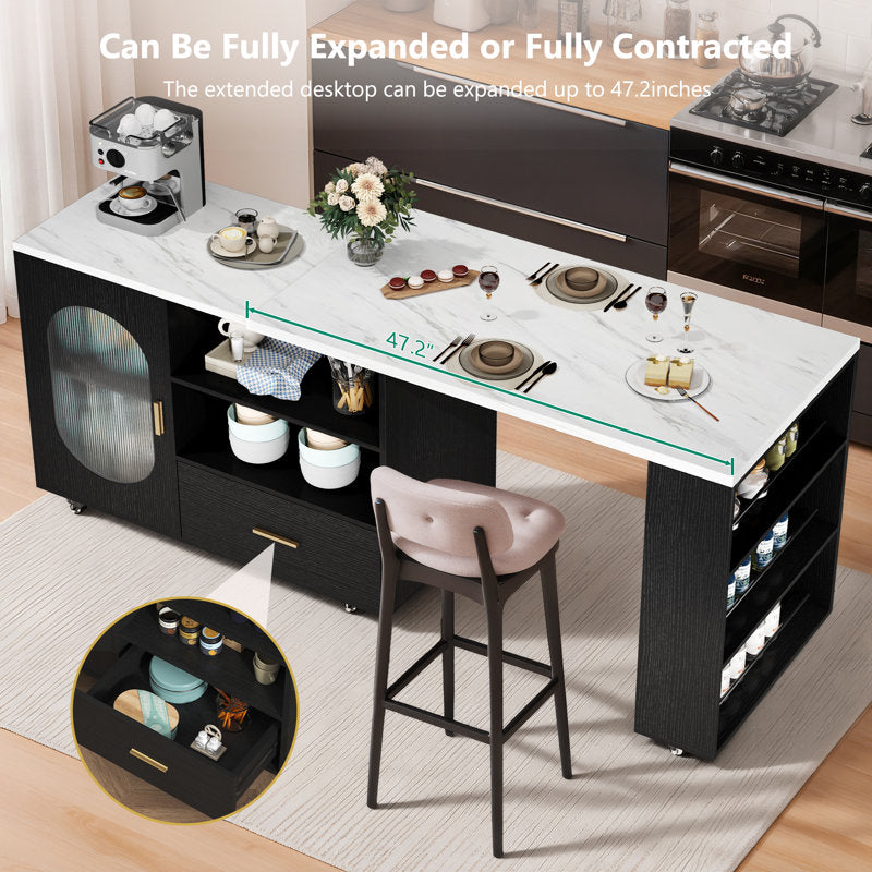 Verano Mobile Kitchen Island - Faux Marble & Black Oak Storage