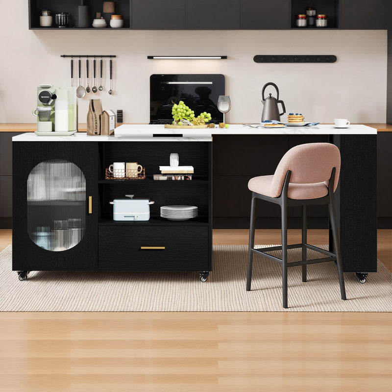 Verano Mobile Kitchen Island - Faux Marble & Black Oak Storage