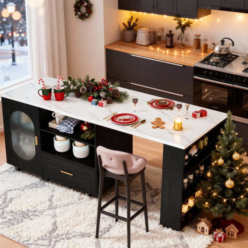 Verano Mobile Kitchen Island - Faux Marble & Black Oak Storage