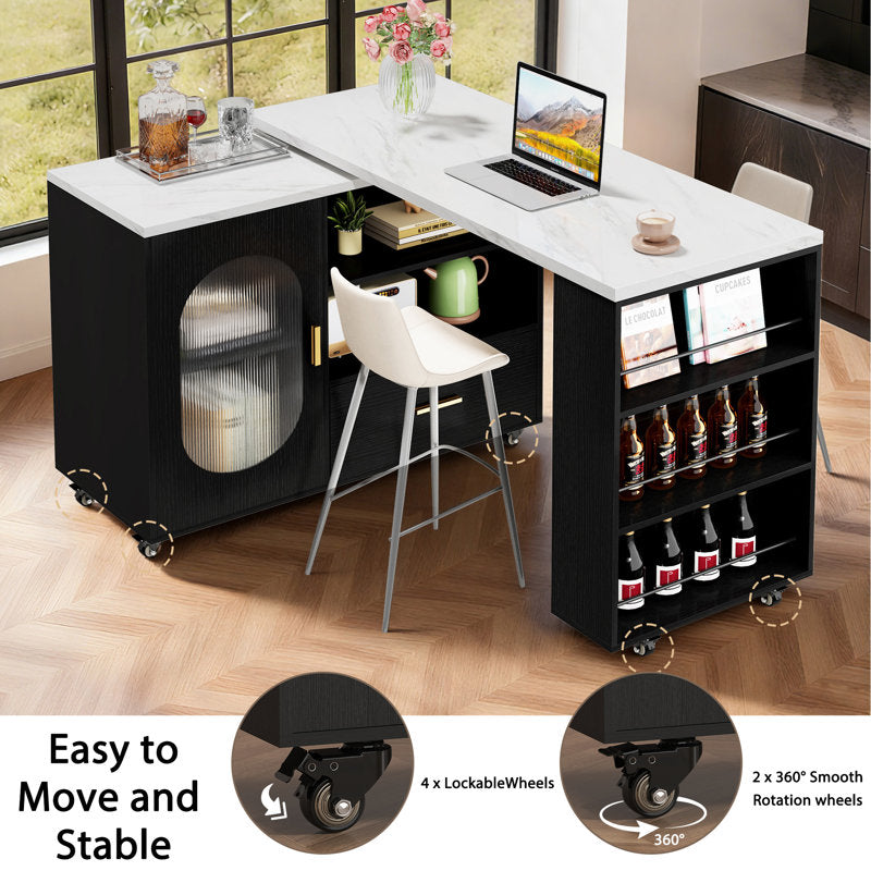 Verano Mobile Kitchen Island - Faux Marble & Black Oak Storage