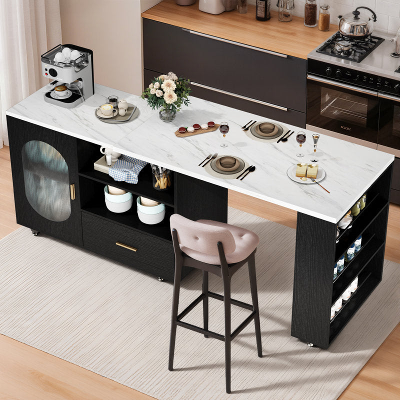 Verano Mobile Kitchen Island - Faux Marble & Black Oak Storage