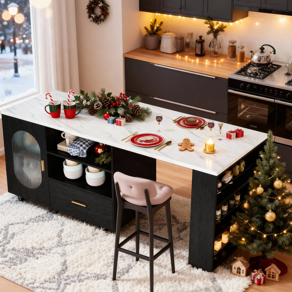 Verano Mobile Kitchen Island - Faux Marble & Black Oak Storage