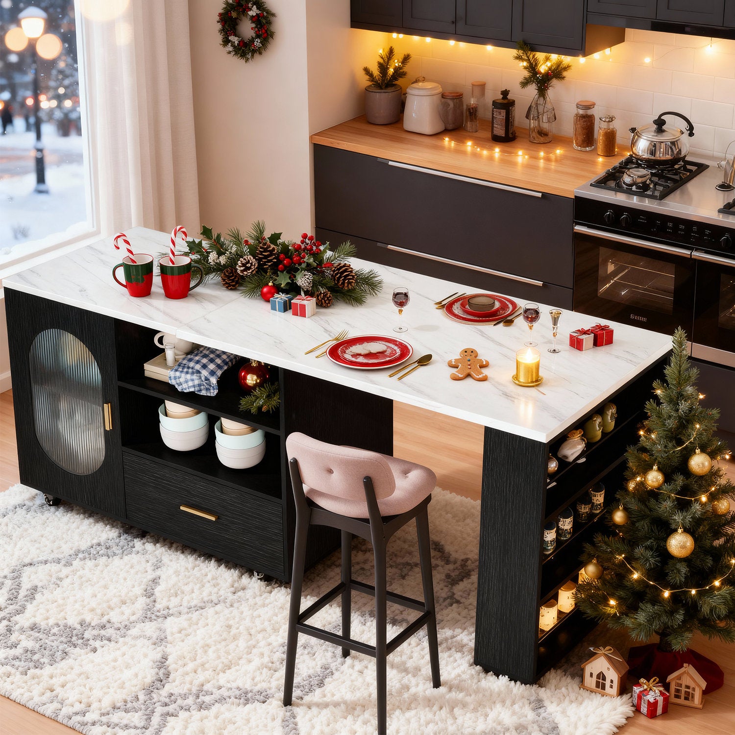 Verano Mobile Kitchen Island - Faux Marble & Black Oak Storage