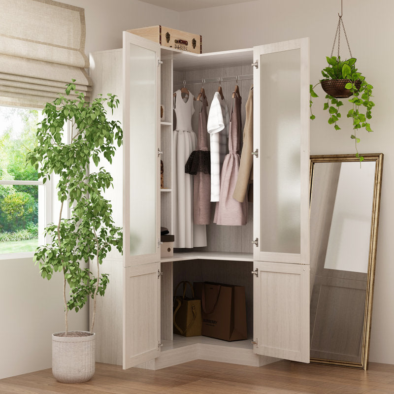 Vertex - L-Shaped Corner Armoire Wood & Frosted Glass Bedroom Storage