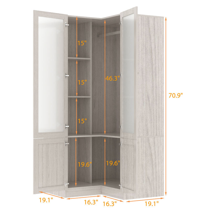 Vertex - L-Shaped Corner Armoire Wood & Frosted Glass Bedroom Storage