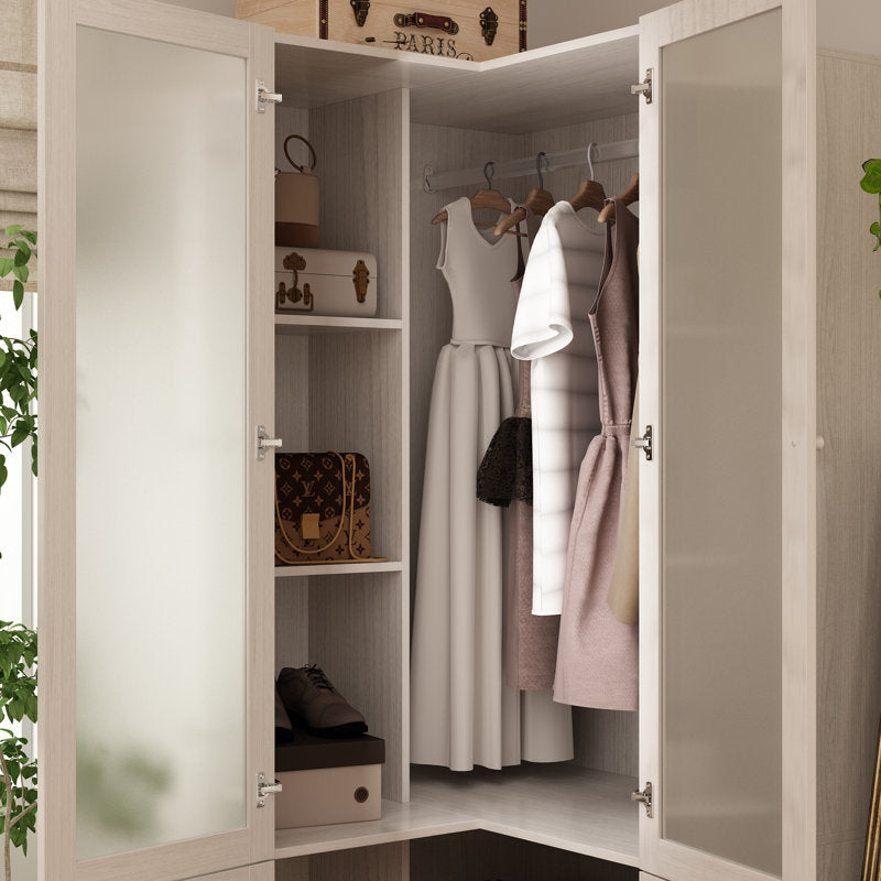 Vertex - L-Shaped Corner Armoire Wood & Frosted Glass Bedroom Storage