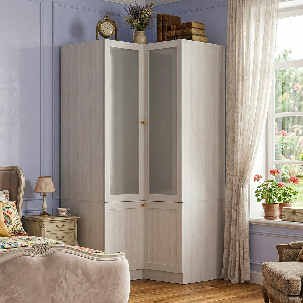 Vertex - L-Shaped Corner Armoire Wood & Frosted Glass Bedroom Storage
