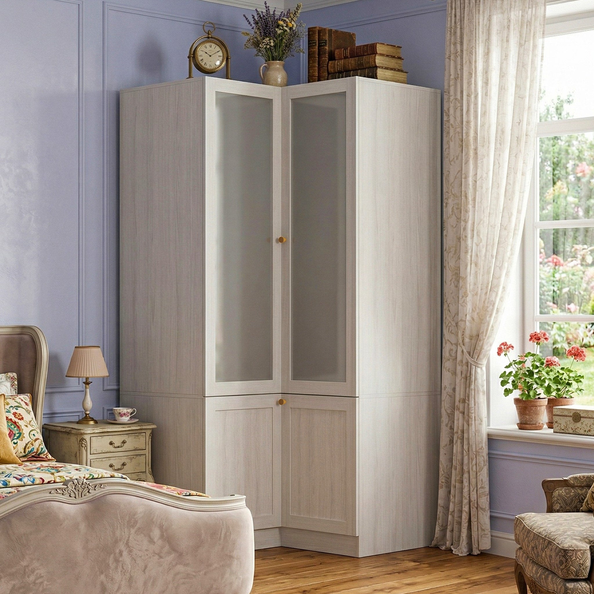 Vertex - L-Shaped Corner Armoire Wood & Frosted Glass Bedroom Storage