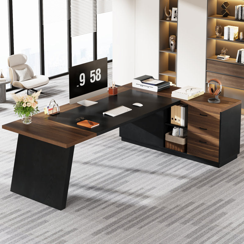 ApexPro - L-Shaped Executive Desk Wood & Metal for Home Office